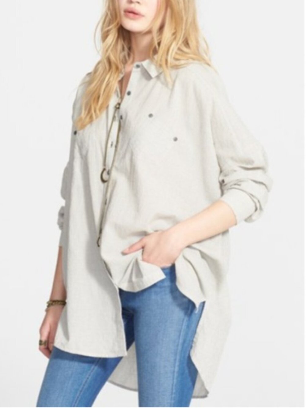 Free People Pucker Check Love Her Madly Top Button Up Oversized Cotton Sz Small